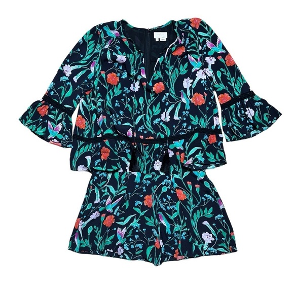Kate Spade Black Jardin Crepe Quarter Sleeve Floral Romper Womens 00 - Picture 2 of 10